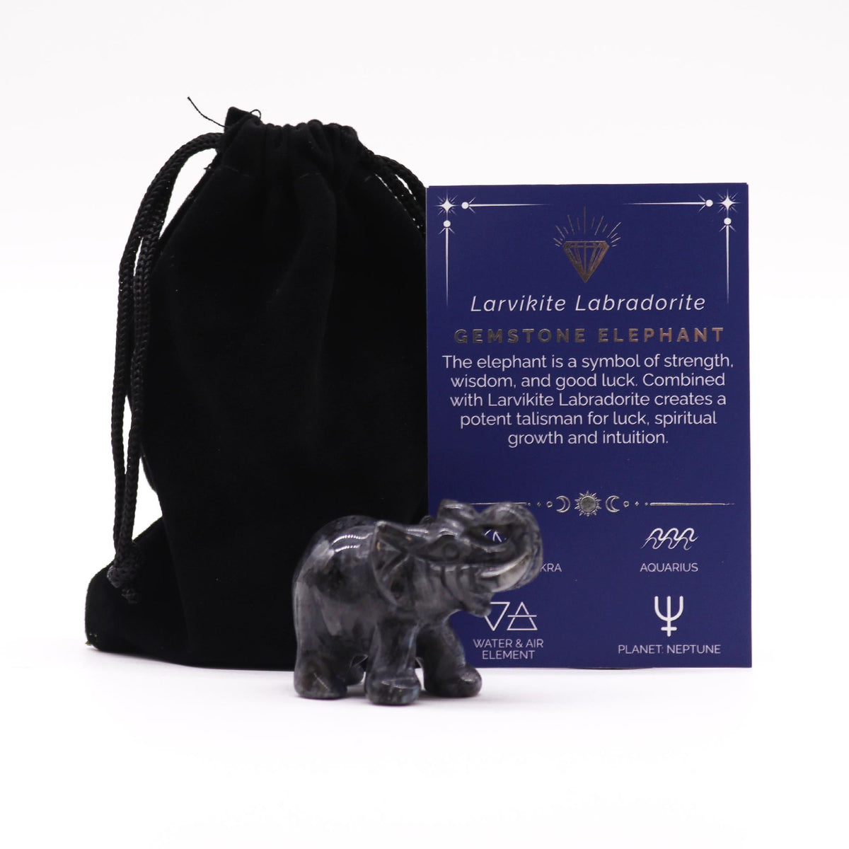 Figurka z kamienia – Słoń szczęścia (larwikit)
