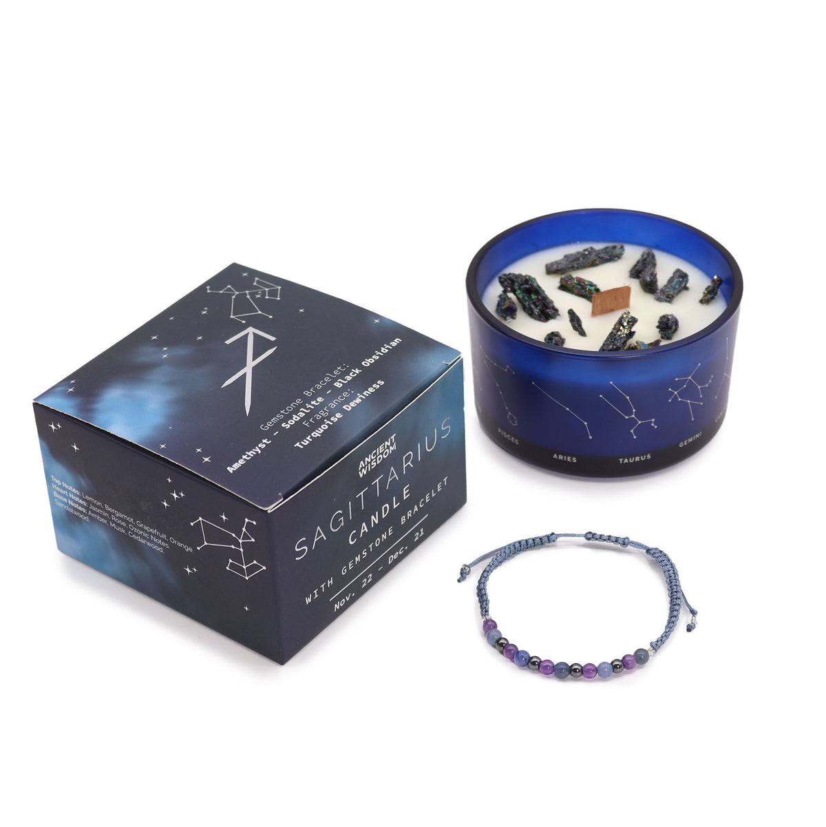 Świeca zodiakalna z kryształem i bransoletką – Strzelec