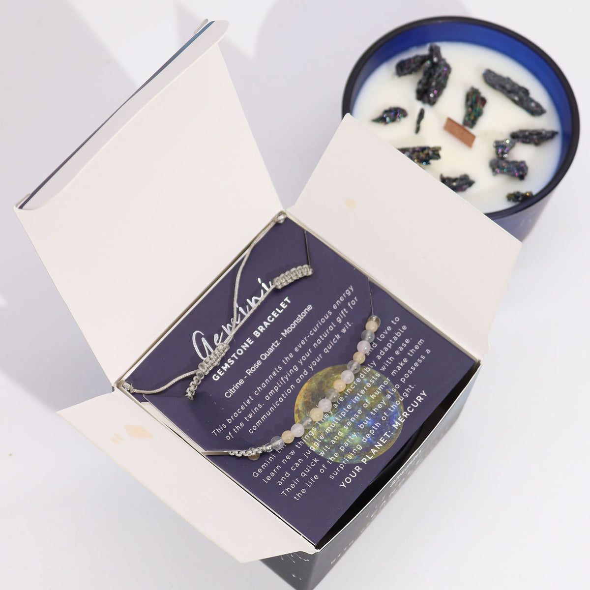 Świeca zodiakalna z kryształem i bransoletką – Bliźnięta — zdjęcie 3